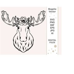 moose svg, moose cut file, moose with floral crown svg, flowers, elk svg, boho svg designs, wild animal, forest animal,