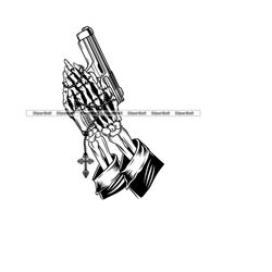praying black skeleton hand machine gun religious rosary beads cross thug pray religion mafia mob street gang tattoo art