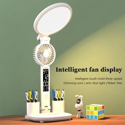 LED Desk Lamp with Clock, USB Rechargeable, Adjustable Brightness, Foldable Fan Light, Eye Protection, Reading Night Li
