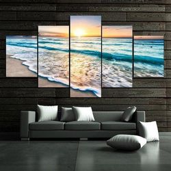 Seascape Sunset Beach Sea Wave 02 Nature 5 Pieces Canvas Wall Art, Large Framed 5 Panel Canvas Wall Art
