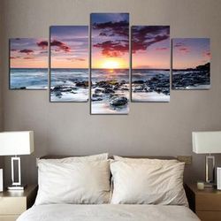 Seascape Sunset Nature 5 Pieces Canvas Wall Art, Large Framed 5 Panel Canvas Wall Art