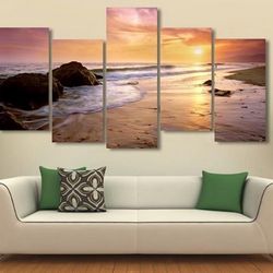 Seaview Seascape Sunset Beach Nature 5 Pieces Canvas Wall Art, Large Framed 5 Panel Canvas Wall Art