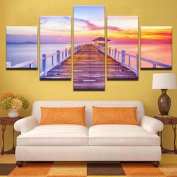 Sunrise Wooden Bridge Seascape Sunset Lake Nature 5 Pieces Canvas Wall Art, Large Framed 5 Panel Canvas Wall Art