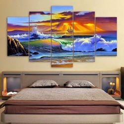 Tidal Seascape Sunset Nature 5 Pieces Canvas Wall Art, Large Framed 5 Panel Canvas Wall Art