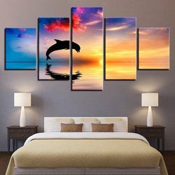 Dolphin Swim Jump Seascape Sunset Beautiful Colors Animal 5 Pieces Canvas Wall Art, Large Framed 5 Panel Canvas Wall Art