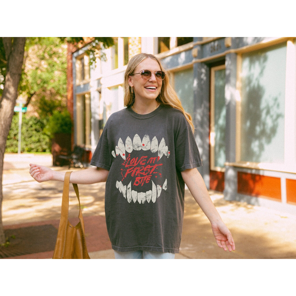 Love at First Bite Vampire Fangs Oversized Shirt, Halloween Shirt, Comfort Colors Tshirt.jpg