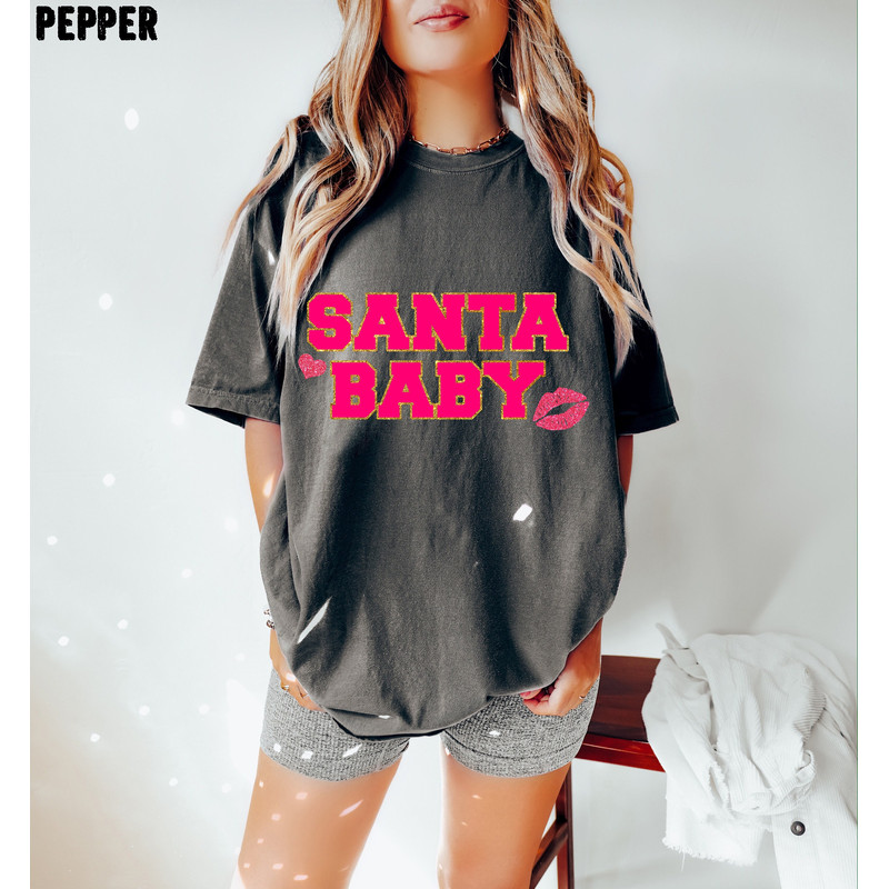 Santa Baby Oversized Christmas T-shirt, Santa Baby Pink Christmas Shirt, Glitter Christmas Shirt 2.jpg