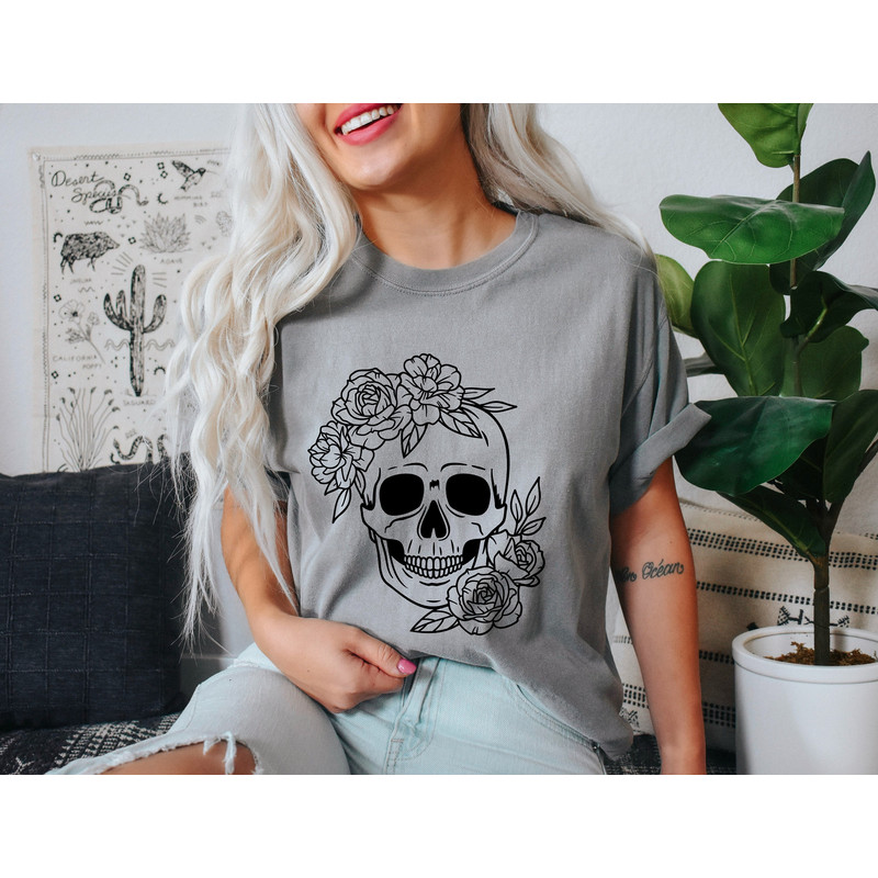 Skull And Roses Oversized Vintage T-Shirt, Floral Skull Shirt, Halloween Shirt.jpg