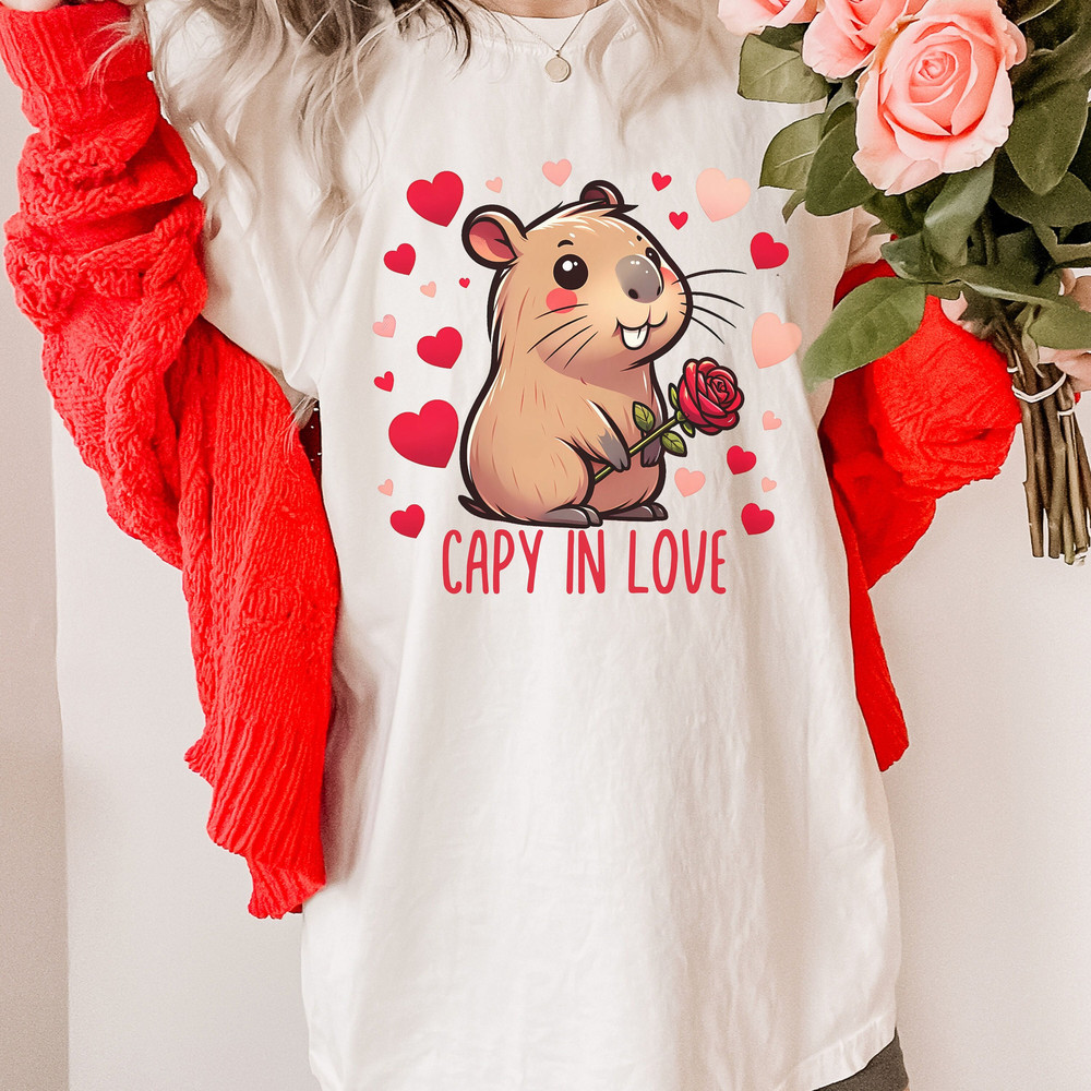 Capybara Lovers Tee, Cute Capybara Comfort Colors Valentine Shirt, Cottage Core Valentine Gifts, Funny Capy In Love Animal Lover T-Shirt.jpg