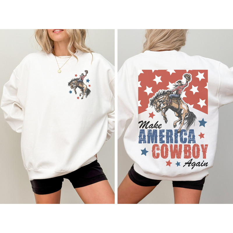 29052024NA24-Make America Cowboy Again Sweatshirt Western Shirt 4th of July Bucking Bronco USA Shirt Patriotic Sweatshirt Western Crewneck Cowboy Shirt.jpg