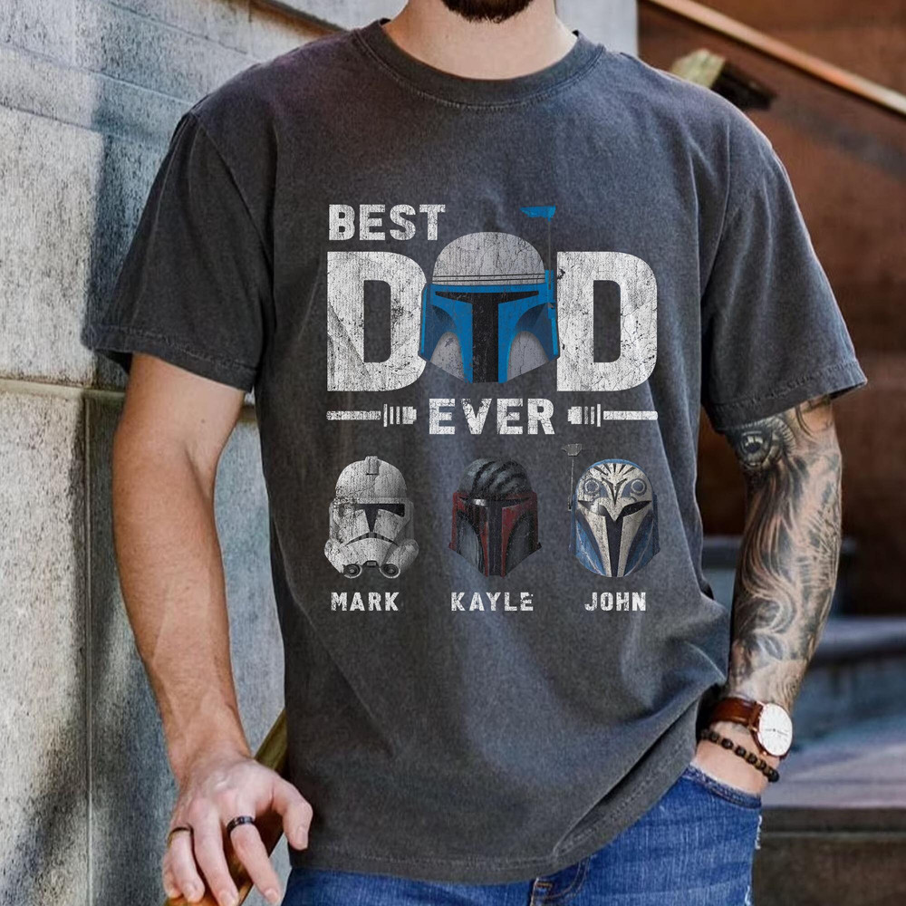 Custom Jango Fett Best Dad Ever With Kids Names Comfort Colors T-shirt, Clone Trooper Helmet, Personalized Star Wars.jpg