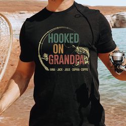 hooked on grandpa shirt, personalized grandpa t shirt, fathers day shirt with grandkids name, fishing tee for grandpa