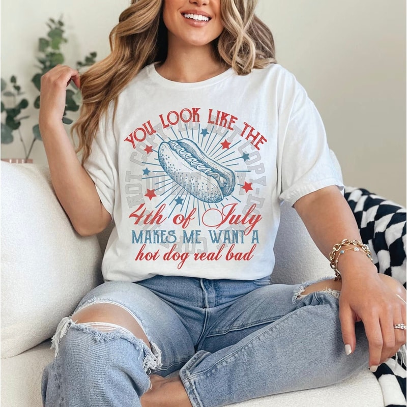 4th of July Hot Dog Shirt for Women, Graphic T-shirts for Women, Custom Shirts for Women, Custom Tee, #5237-BCWhite.jpg