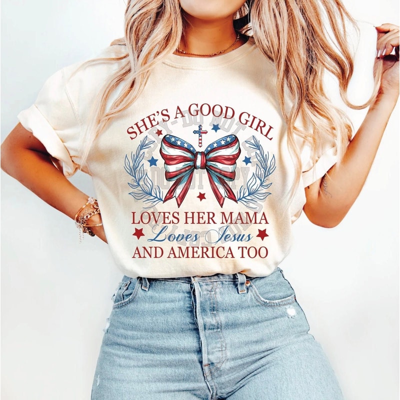 4th of July Patriotic Bow Shirt for Women, Graphic T-shirts for Women, Custom Shirts for Women, Custom Tee, #5235-BCNatural.jpg