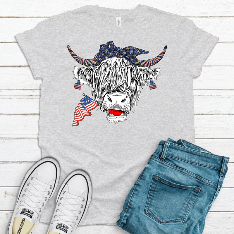 Adorable Patriotic Cow, Red White And Blue Flag, USA Cow, Highland Cow, Premium Soft Tee Shirt, Plus Sizes Available 2x, 3x, 4x,.jpg