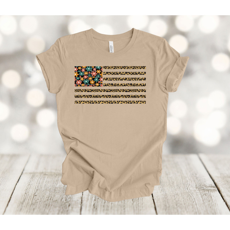 Independence Day Shirt, American Flag Shirt, US Flag, Leopard Flag With Retro Daisies, Premium Soft Unisex Shirt, Plus Sizes Available.jpg