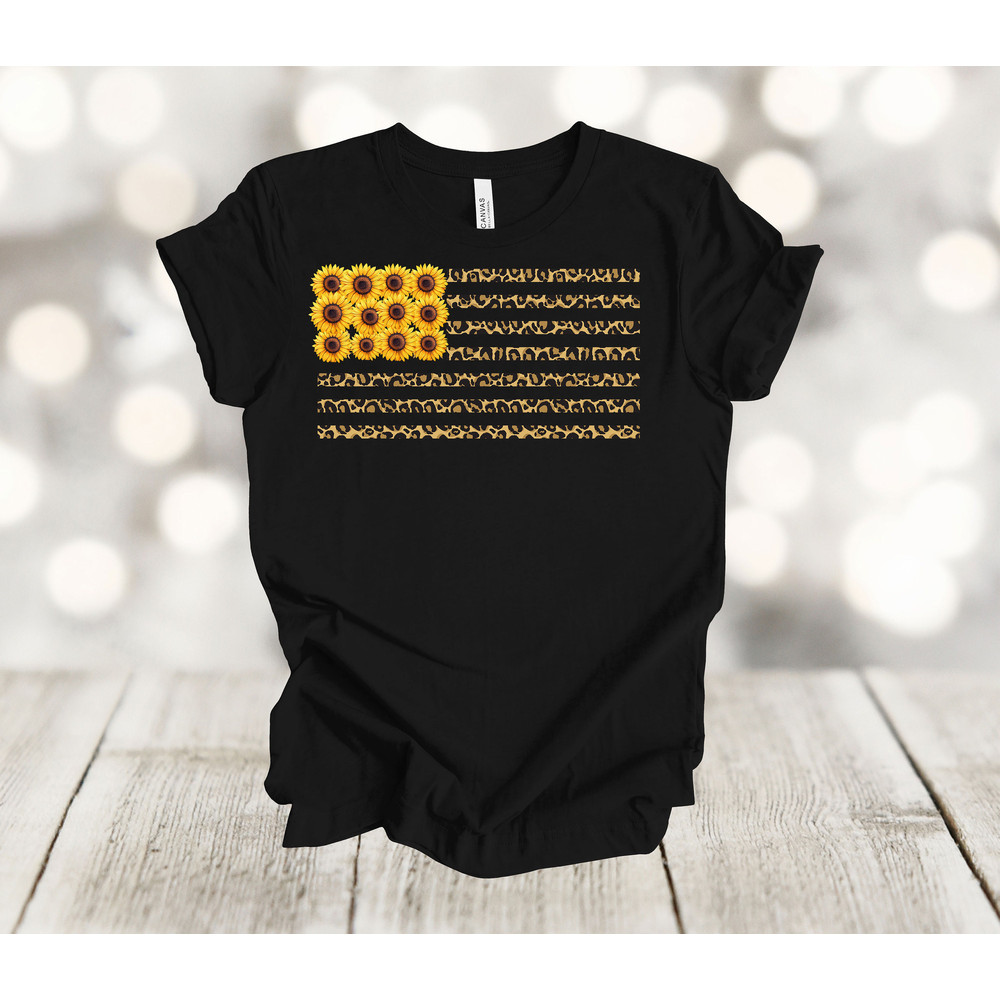 Independence Day Shirt, American Flag Shirt, US Flag, Leopard Flag With Sunflowers, Premium Soft Unisex Shirt, Plus Sizes Available.jpg