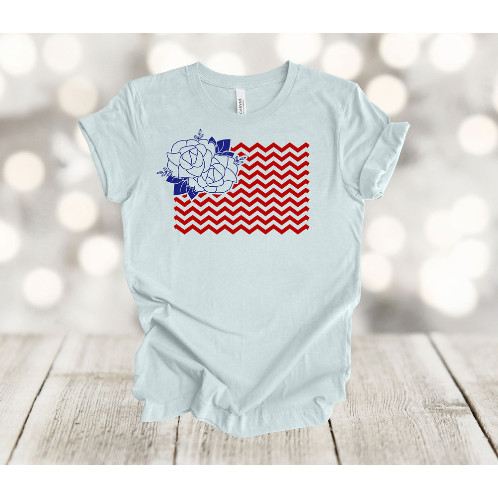 Independence Day Shirt, Chevron Flag With Flowers, July 4th Shirt, Premium Unisex Tee, Plus Size 2x, 3x, 4x Available.jpg
