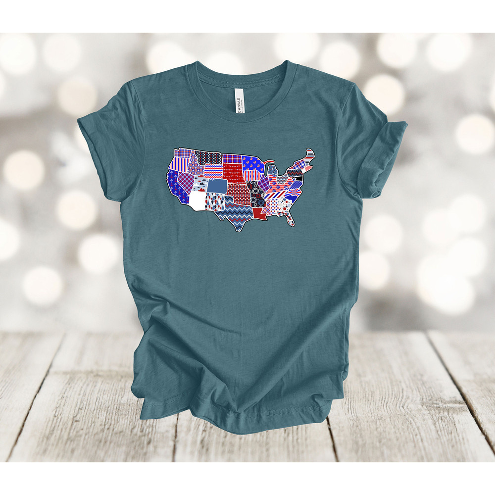 Independence Day Shirt, Patchwork Map, America, Red White And Blue, Premium Soft Unisex, Plus Sizes Available 2x, 3x, 4x.jpg