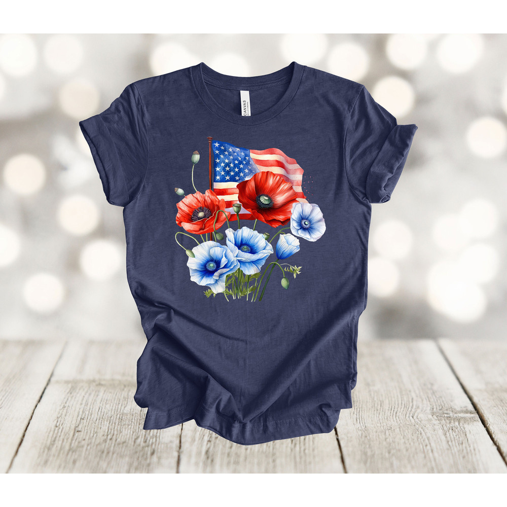 Independence Day Shirt, Red And Blue Flowers, American Flag, Red White And Blue, Premium Soft Unisex Shirt, Plus Sizes Available.jpg