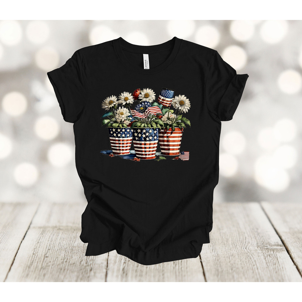 Independence Day Shirt, Red White And Blue Bouquet in USA Flag Pots, America, Premium Soft Unisex Tee, Plus Size 2x, 3x, 4x Available.jpg
