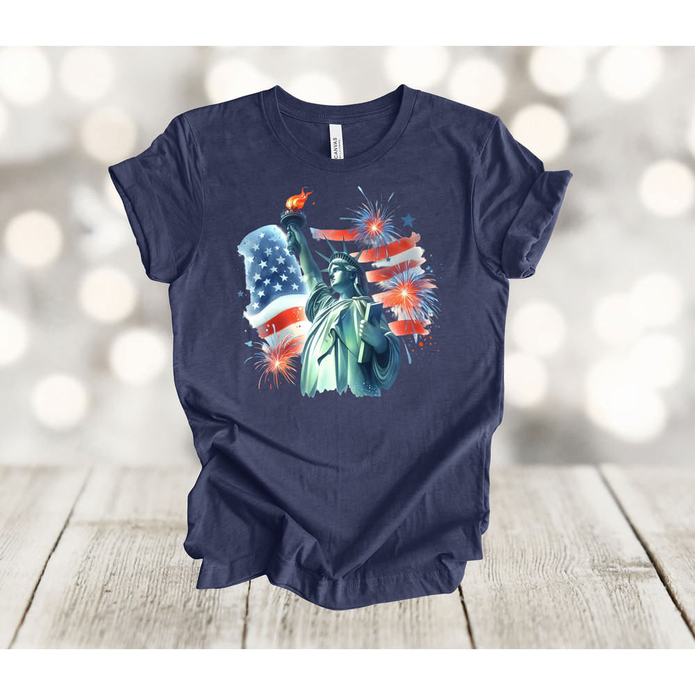 Independence Day, Statue Of Liberty, American Flag, Fireworks, Red White And Blue, Premium Unisex Tee, Plus Size 2x, 3x, 4x Available.jpg