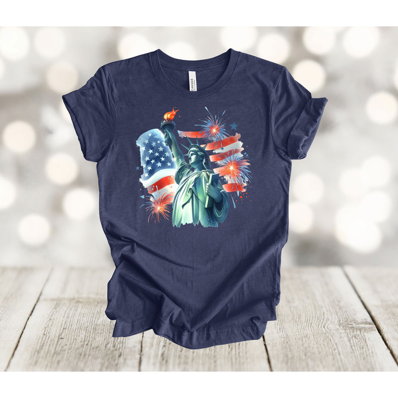 Independence Day, Statue Of Liberty, American Flag, Fireworks, Red White And Blue, Premium Unisex Tee, Plus Size 2x, 3x, 4x Available.jpg