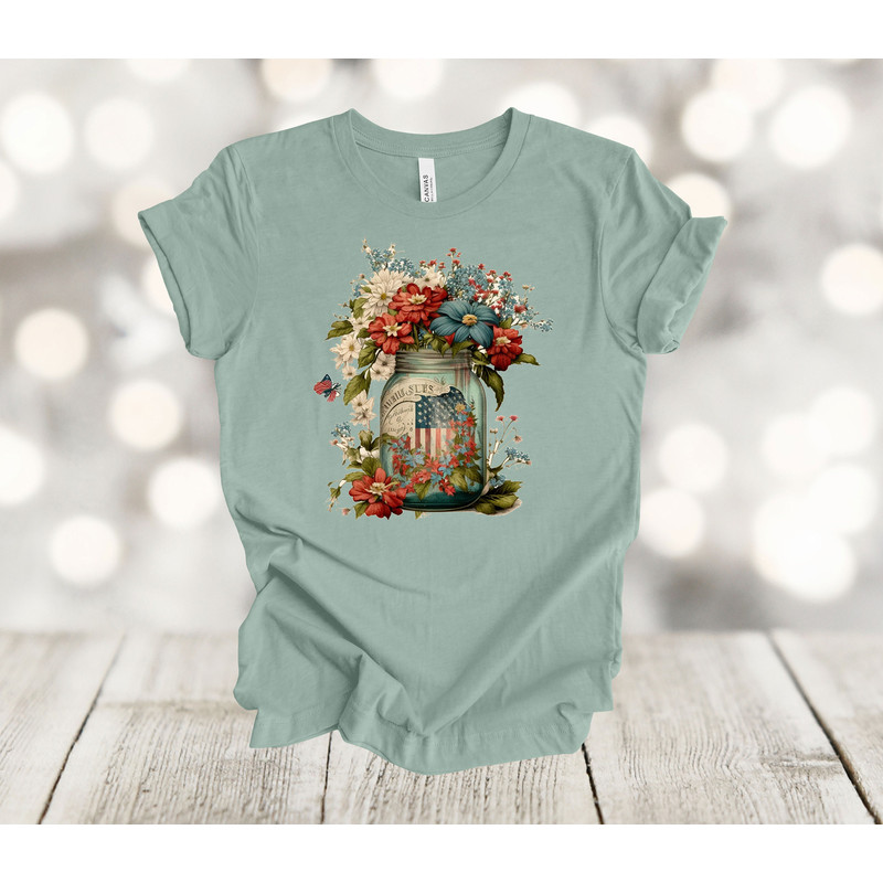 Independence Day, Vintage Jar Full Of Flowers, Vintage Flower Shirt, US Flag, Premium Soft Tee, Plus Sizes Available 3x, 4x.jpg