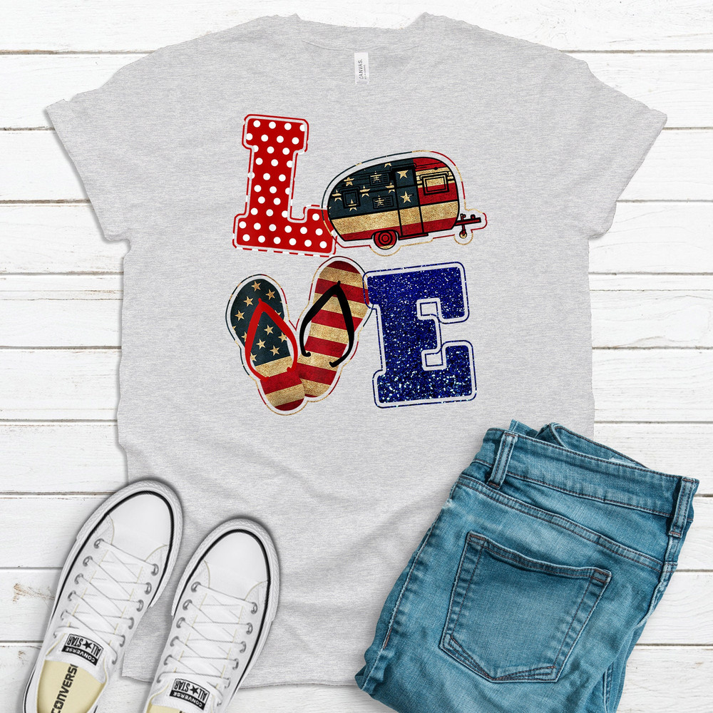 Love Flip Flop Camper, Premium Soft Unisex Tee, Plus Size 2x, 3x, 4x Available, Independence Day Shirt, 4th Of July Shirt, Camping USA Shirt.jpg