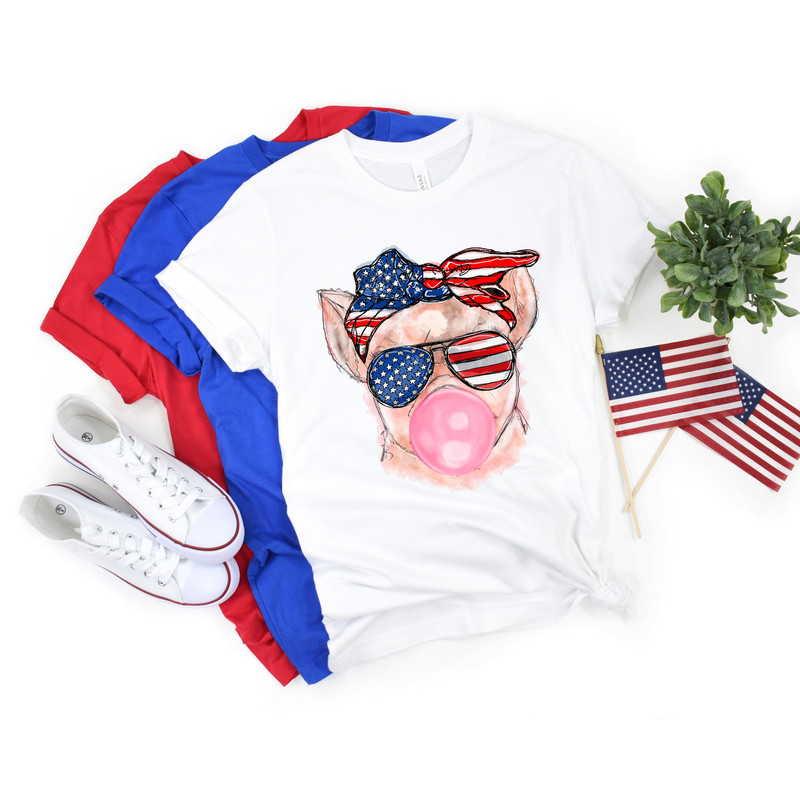 4th of July cat Bubblegum, Patriotic cat Sunglasses Bandana, Bubble Gum Pig Shirt, 4th of July Gift, Pig blowing Bubble Gum.jpg