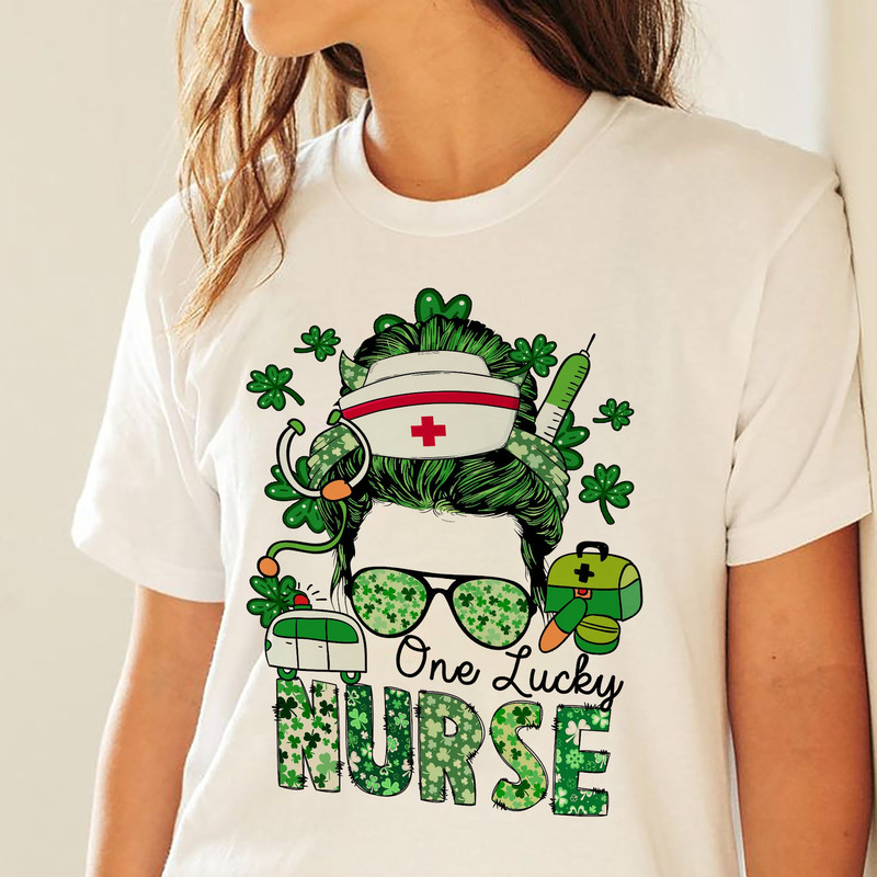 Nurse Shirts, Nurse St. Patrick's Day Shirt, St Paddy day Gift, L D Nurse Gift, L&D Clover Co., One Lucky Nurse Messy Bun Sweatshirt, CNA LD 1.jpg