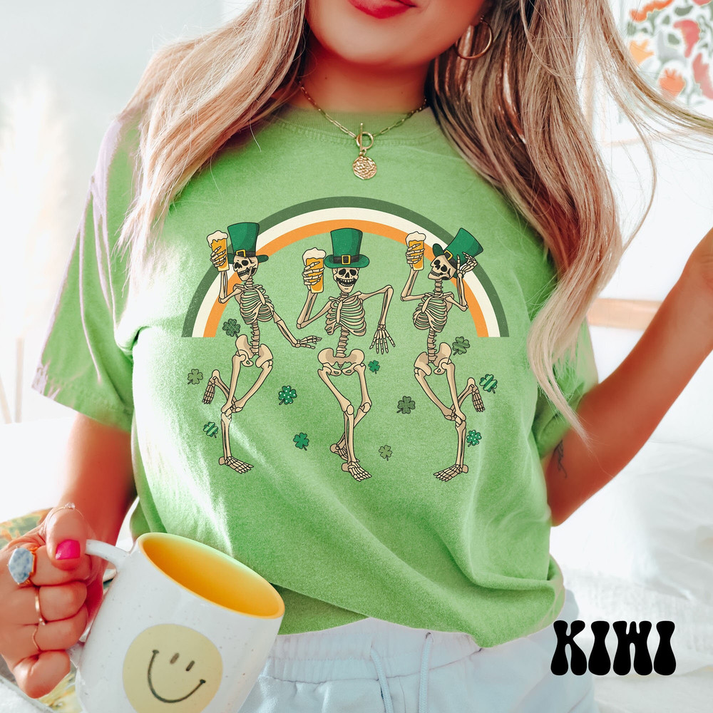 Comfort Colors Dancing Skeleton St. Patrick's Day Shirt, Irish Rainbow Shirt, Western Cowboy St. Patricks Day Tee, Vintage Lucky Skull Shirt.jpg