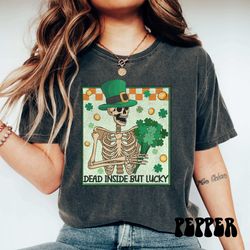 comfort colors skeleton st patricks day shirt, dead inside shirt, western cowboy funny st patricks day tee, vintage luck