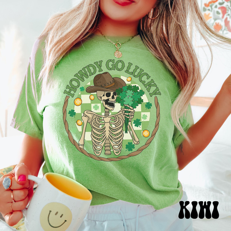 Comfort Colors Skeleton St. Patrick's Day Shirt, Howdy Go Lucky Shirt, Western Cowboy St. Patrick's Day Tee, Vintage Lucky Skull Shirt.jpg