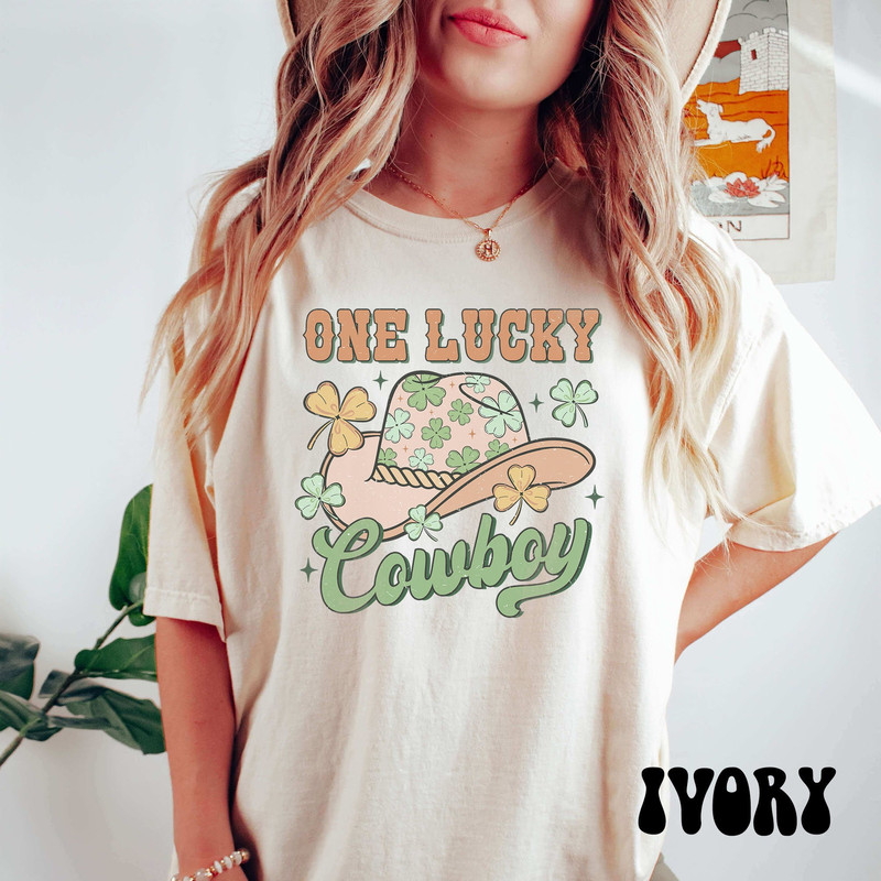 Comfort Colors® Retro One Lucky Cowboy St Patricks T-shirt, Western St Patricks Day Christian Smiley Tshirt, Shamrock Smiley T-shirt.jpg