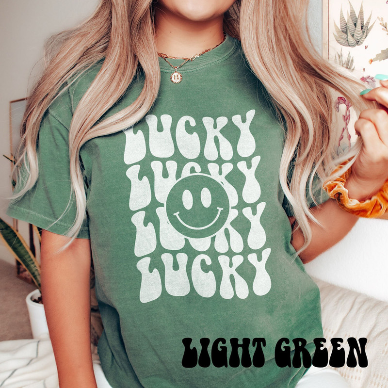 Lucky Shirt, Comfort Colors Happy Shamrock Shirt, Women's St Patricks Day Shirt, Lucky Clover Shirt, Lucky Retro Shirt, Irish Shirt.jpg