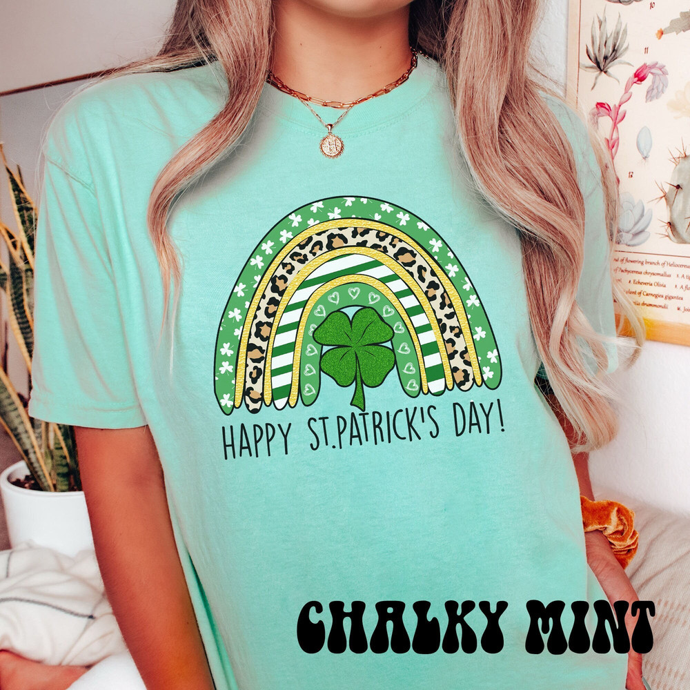 Shamrock Leopard Rainbow St Patrick's Day T-Shirt, Comfort Colors Vintage St Patricks Day Shirt, Cute St Paddys Tee, Gift For BFF, Green Tee.jpg
