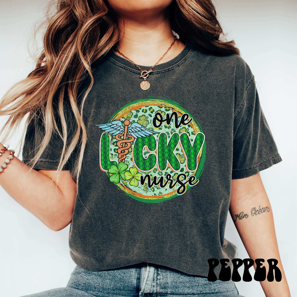 St. Patrick's Nurse Shirt, Comfort Colors Lucky Nurse Shirt, Irish women Shirt, Nurse Lucky Green, Shamrock Tee, Nurse Stethoscope T-Shirt 1.jpg