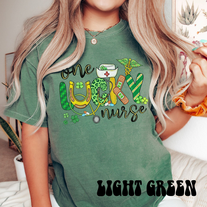 St. Patrick's Nurse Shirt, Comfort Colors Lucky Nurse Shirt, Irish women Shirt, Nurse Lucky Green, Shamrock Tee, Nurse Stethoscope T-Shirt 2.jpg