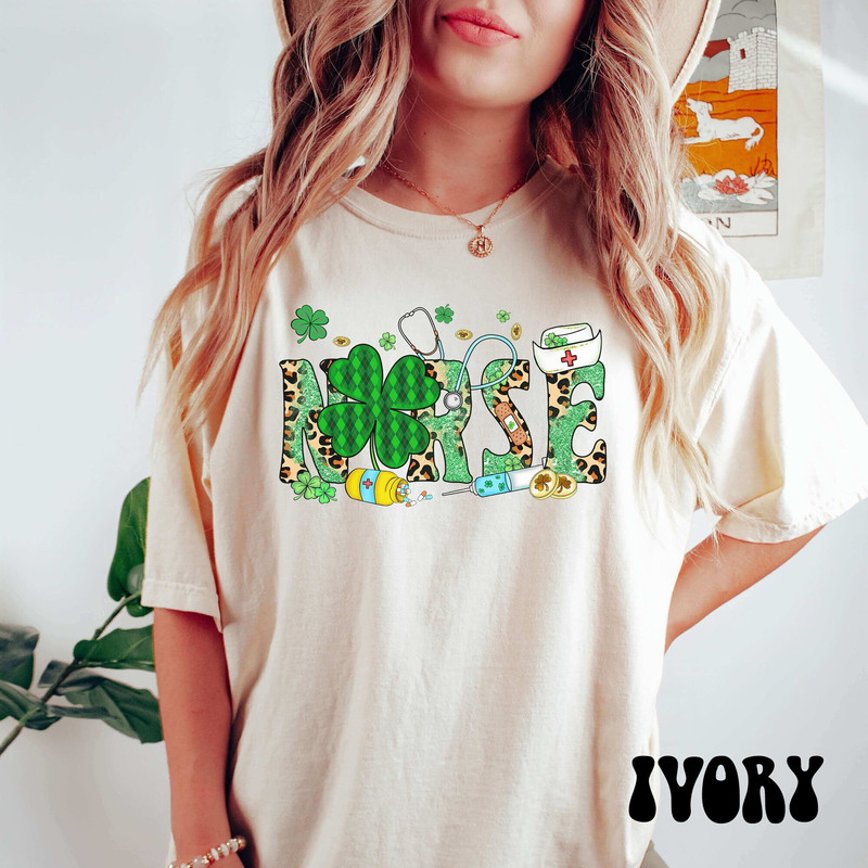 St. Patrick's Nurse Shirt, Comfort Colors Lucky Nurse Shirt, Irish women Shirt, Nurse Lucky Green, Shamrock Tee, Nurse Stethoscope T-Shirt.jpg