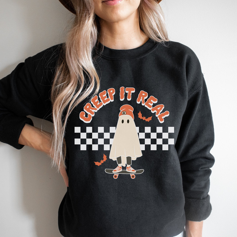 Creep it Real Halloween Sweatshirt, Retro Halloween Sweatshirt, Skateboard Halloween Sweater, Halloween Crewneck, Vintage Ghost Halloween.jpg