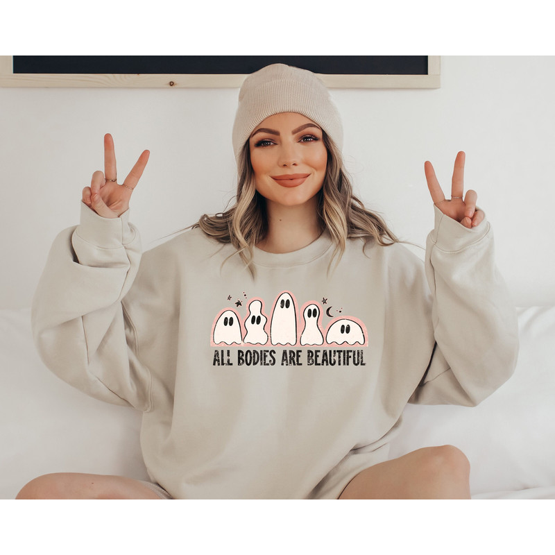 All Bodies Are Beautiful Sweatshirt, Ghost Halloween Sweater, Retro Halloween Sweatshirt, Pink Ghost Hoodie.jpg