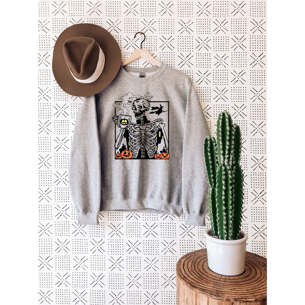 Coffee Skeleton Sweatshirt, Halloween Skeleton Shirt, Halloween Gifts, Halloween Women Sweater, Spooky Sweatshirt, Retro Skull Shirt.jpg
