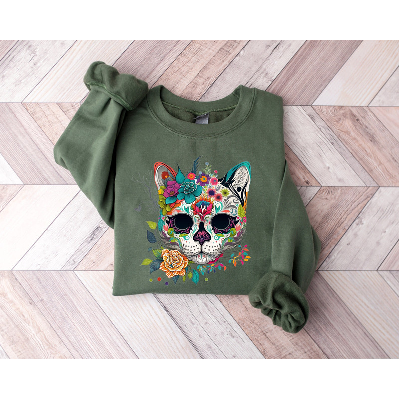 Day of the Dead Sweatshirt, Cat Sugar Skull Shirt, Dia de los Muertos Sweater, Sugar Skull Crewneck.jpg