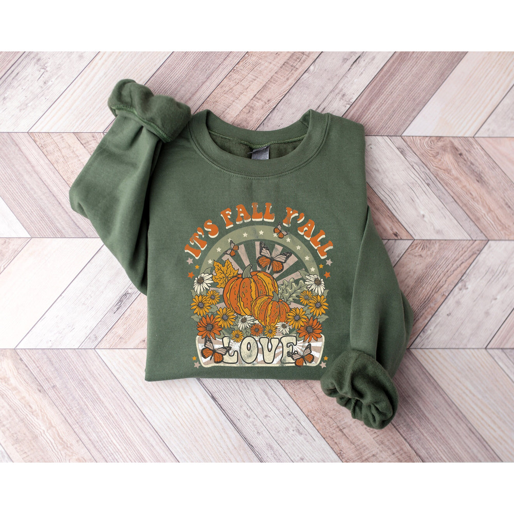 It's Fall Y'all Sweater, Autumn Pumpkins Shirt, Retro Pumpkin Sweatshirt, Pumpkin with Flower Sweatshirt, Spooky Halloween Sweater.jpg