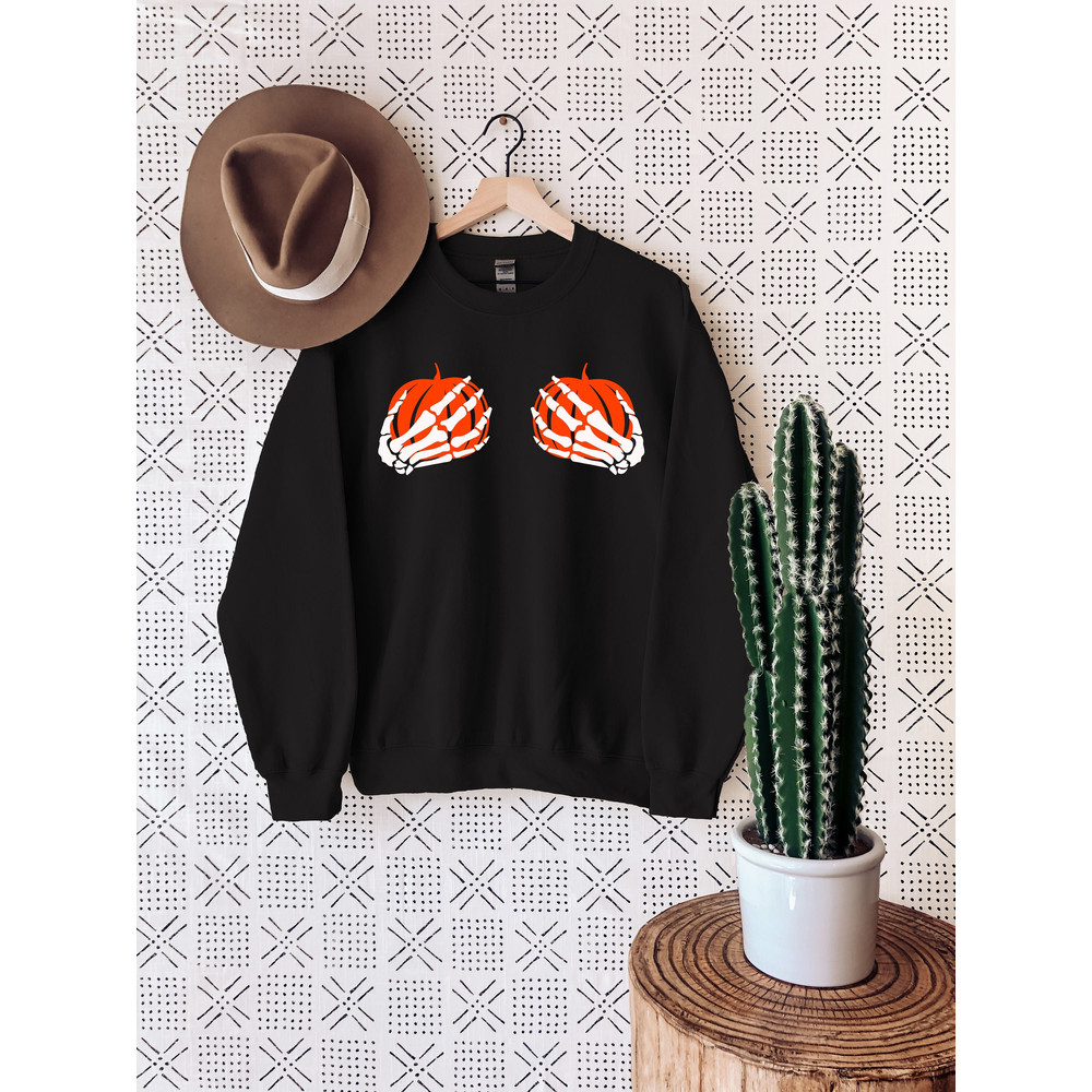Skeleton Pumpkin Sweatshirt, Skeleton Hand Sweatshirt, Skeleton Boobs, Halloween Sweater For Women, Halloween Gift.jpg