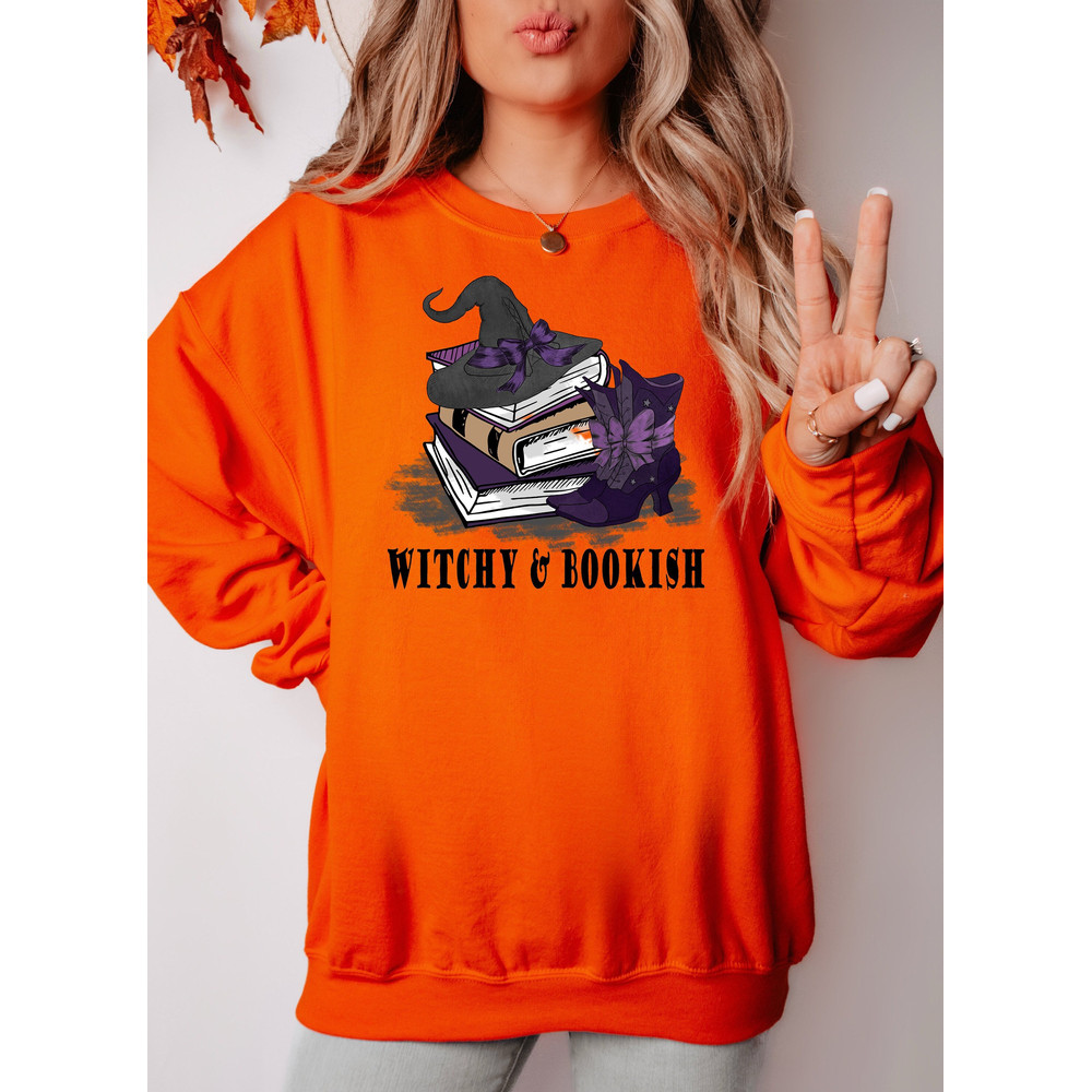 Witchy and Bookish Sweatshirt, Halloween Witch Shirt, Book Lover Sweater, Halloween Party Sweater.jpg