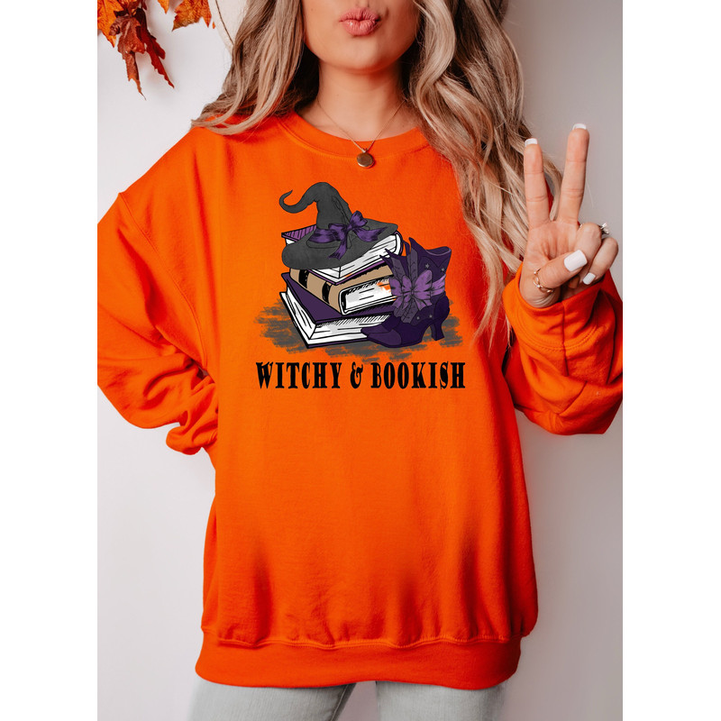 Witchy and Bookish Sweatshirt, Halloween Witch Shirt, Book Lover Sweater, Halloween Party Sweater.jpg