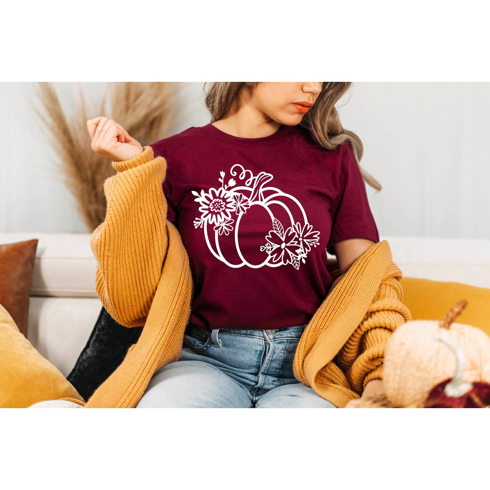 Floral Pumpkin Tshirt, Pumpkin Design Fall Shirt, Thanksgiving,Hello Fall, Fall Vibes, Cozy Fall Thanksgiving, Family Gift.jpg