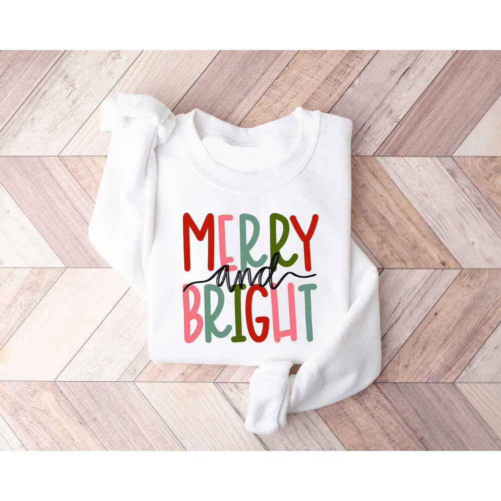 Merry And Bright Sweatshirt, Women Christmas Sweatshirt, Christmas Vibes Shirt, Christmas Gift, Christmas Holiday Shirt, Christmas Trip Tee.jpg